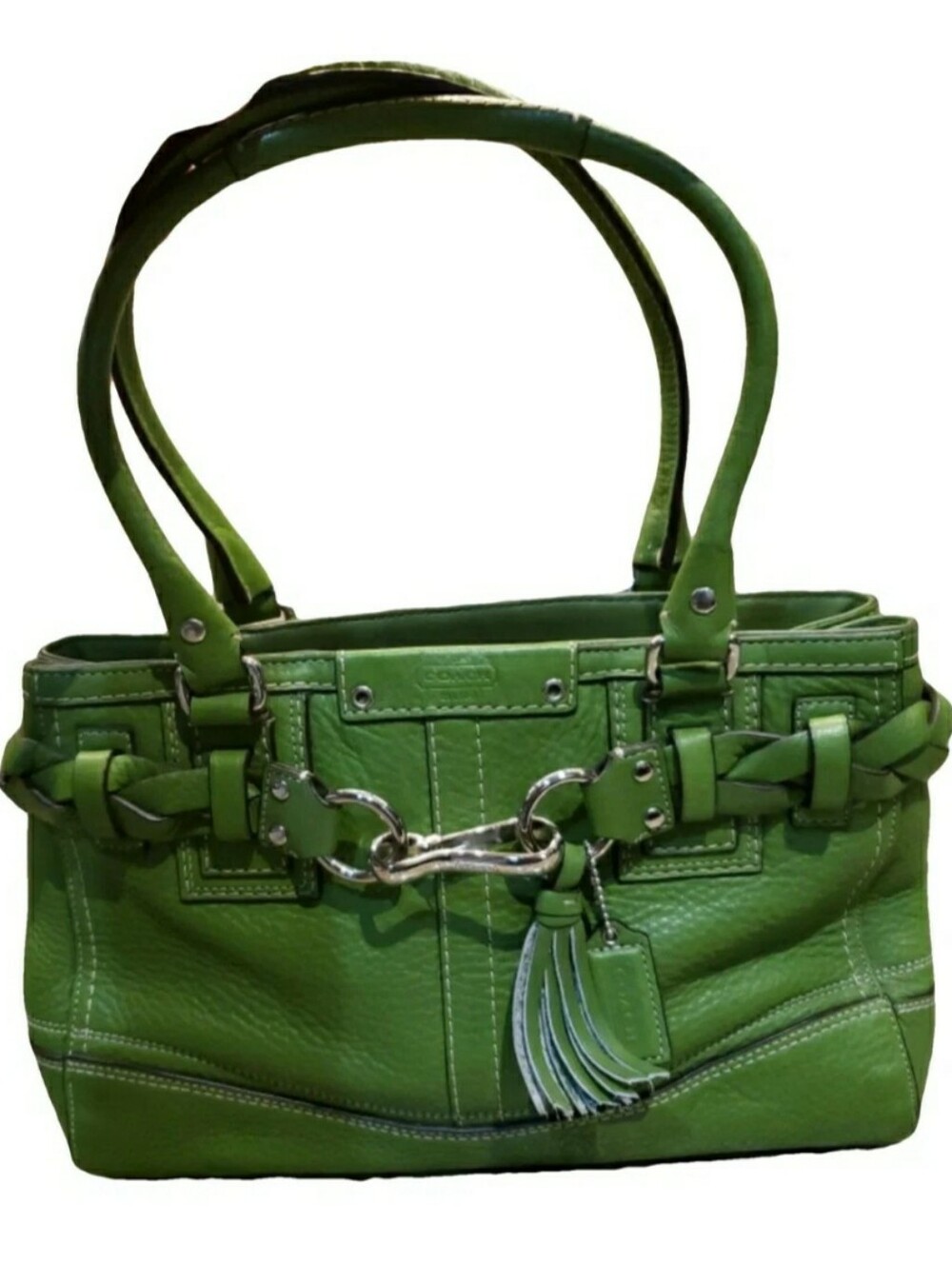 Coach Green Leather Tote Handbag with Braided Detail